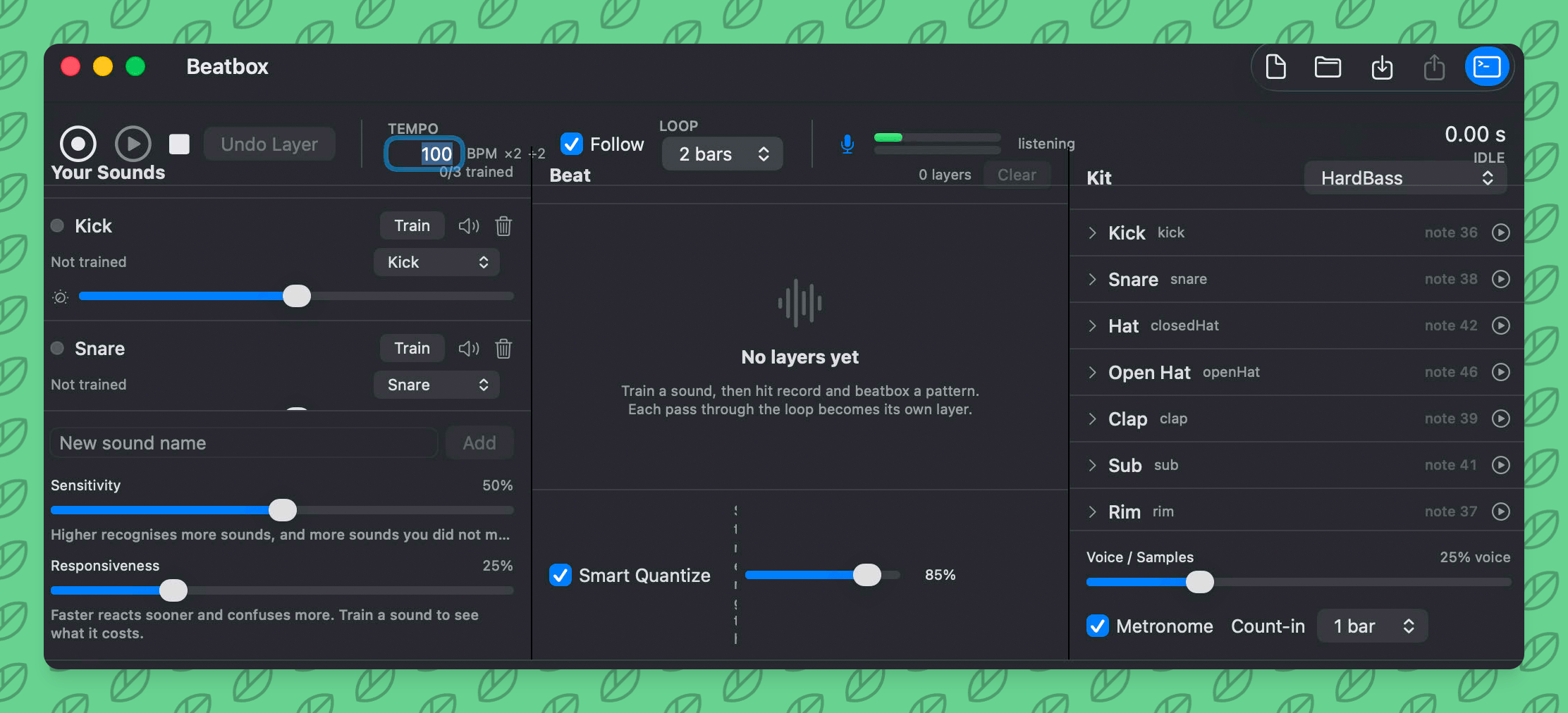 Beatbox app window showing sound training controls, a tempo and loop bar, an empty layer view, and a drum kit list on the right