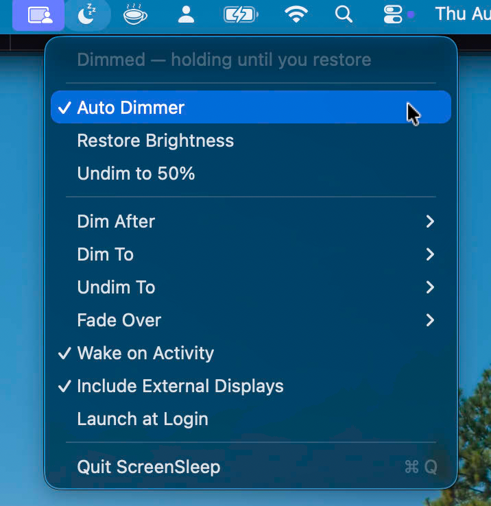 ScreenSleep menu bar dropdown showing Auto Dimmer enabled, with Dim After, Dim To, Undim To, and Fade Over options